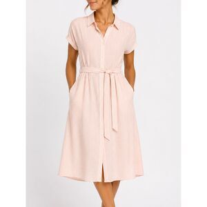 LOFT Pink White Seersucker Belted Midi Shirt Dress Size 10